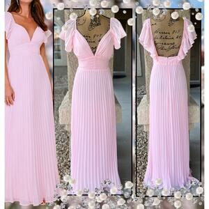 Lulus Pink Pleated Flutter Sleeve Backless Ideal Occasion Maxi Dress Size L